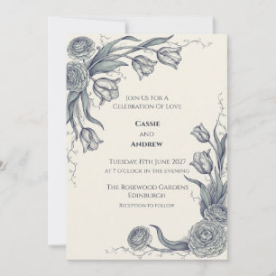 Convite de Casamento Botânico Cinza Azul