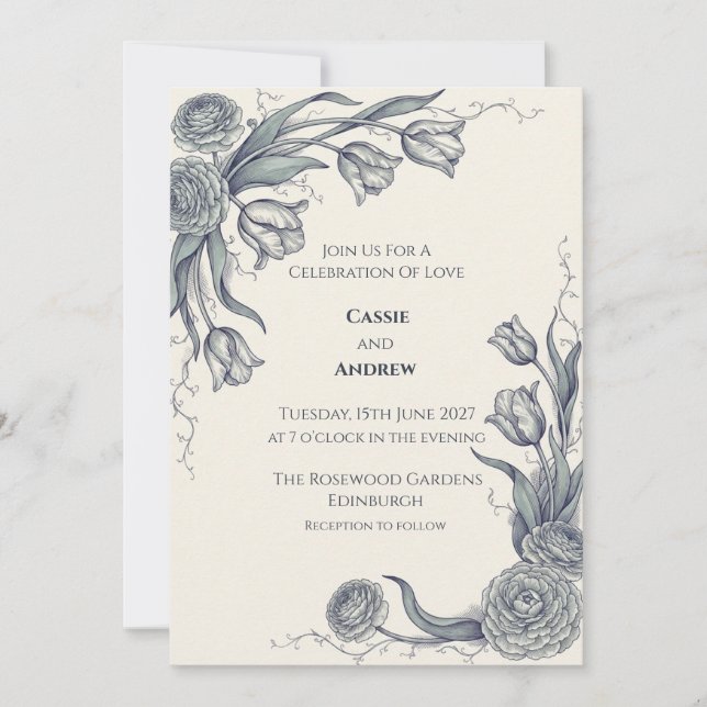 Convite de Casamento Botânico Cinza Azul (Frente)