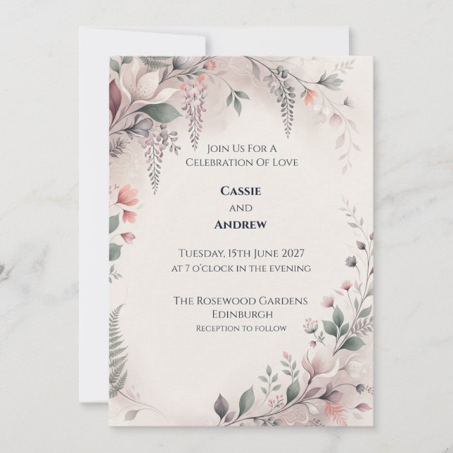 Convite de Casamento Botânico Cinza Rosado (Frente)