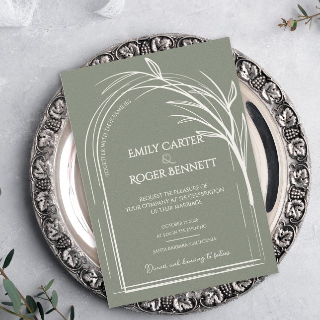 Convite de Casamento Botânico com Arco em Verde Sa (Sage Green Minimalist Arch Botanical Wedding Invitation Flat Card | Modern Elegant Wedding Invite)