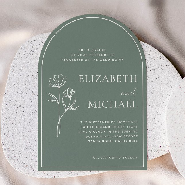 Convite de Casamento Botânico com Flor Silvestre e (Botanical Wildflower Sage Green Arched Wedding Invitation)