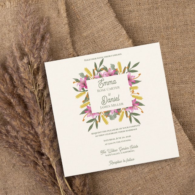 Convite de Casamento Botânico com Lírio Rosa Român (Blush Pink Lily Botanical Wedding Invitation | Romantic Watercolor Floral Garden Wedding Invitation)