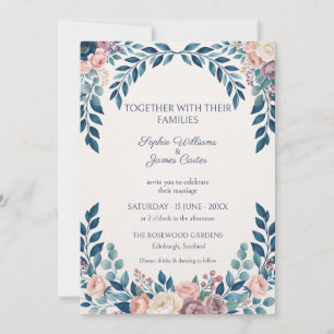 Convite de Casamento Botânico com Rosa Navy