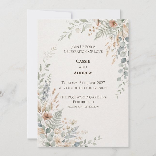 Convite de Casamento Botânico Coral Azul (Frente)