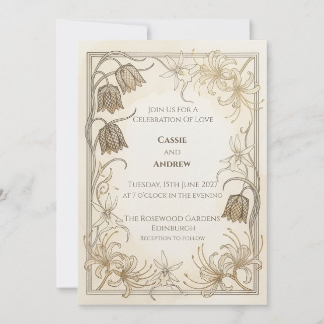 Convite de Casamento Botânico Cream Gold (Frente)