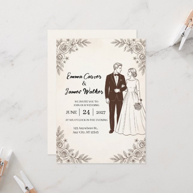 Convite de Casamento Botânico de Casal em Arte de  (Frente/Verso In Situ)