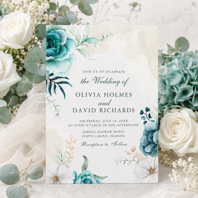 Convite de Casamento Botânico de Flor Silvestre Te (Boho Teal Wildflower Botanical Wedding Invitation)
