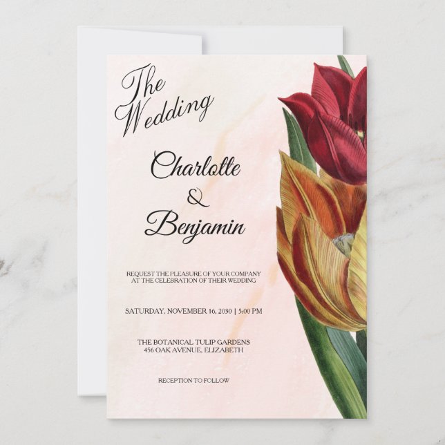 Convite de Casamento Botânico de Mármore Rosa Eleg (Frente)