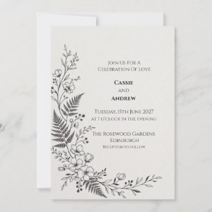 Convite de Casamento Botânico de Samambaia Monocro