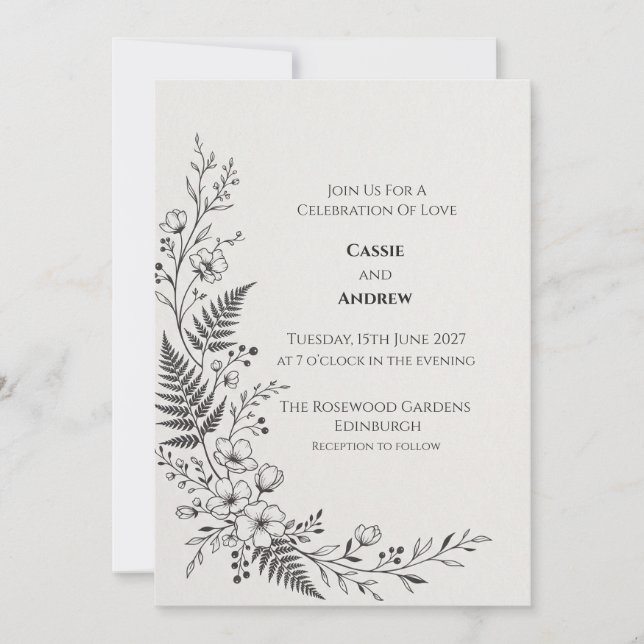 Convite de Casamento Botânico de Samambaia Monocro (Frente)