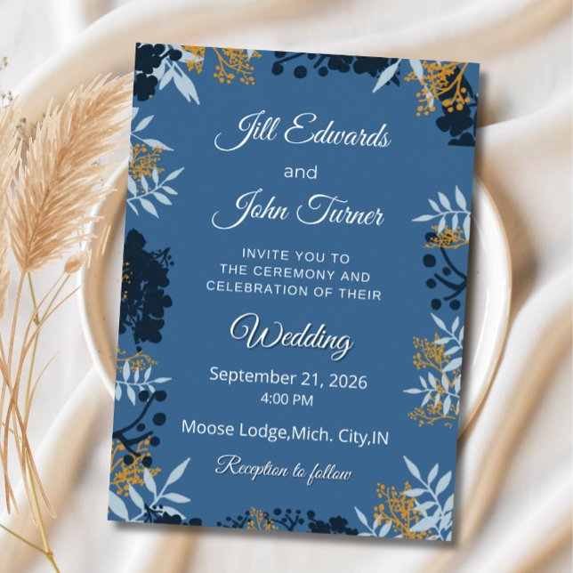 Convite de Casamento Botânico Elegante Azul  (Criador carregado)