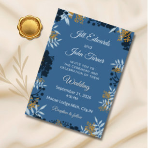 Convite de Casamento Botânico Elegante Azul
