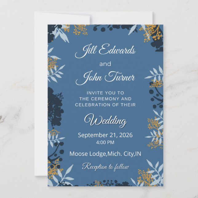 Convite de Casamento Botânico Elegante Azul (Frente)