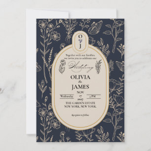 Convite de Casamento Botânico Elegante Azul Naval