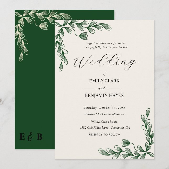 Convite de Casamento Botânico Elegante em Verde Sá (Frente/Verso)