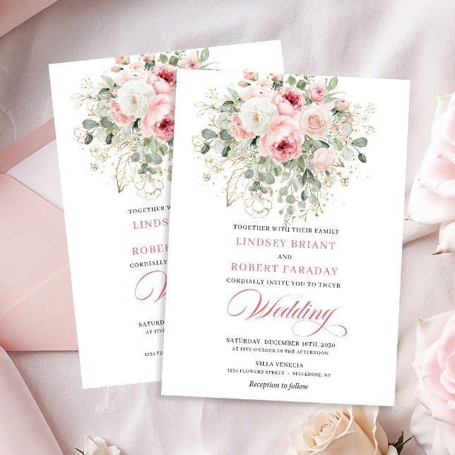 Convite de Casamento Botânico Elegante Rosa Bege P (Elegant Blush Peony Gold Botanical Wedding Invite)
