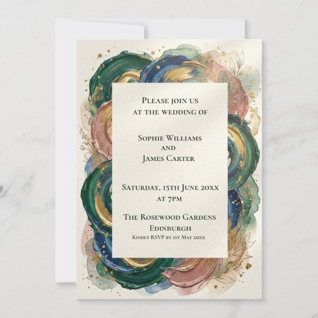 Convite de Casamento Botânico em Aquarela Azul Cin (Frente)