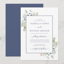 Convite de Casamento Botânico em Aquarela Azul Nav