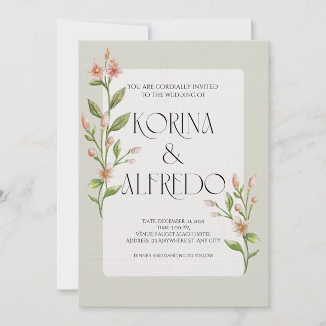 Convite de Casamento Botânico em Aquarela Boho Ver (Frente)