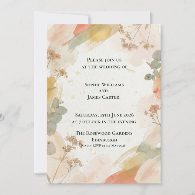Convite de Casamento Botânico em Aquarela de Outon (Frente)