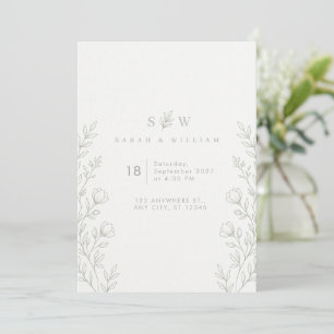 Convite de Casamento Botânico em Linha Arte Verde 