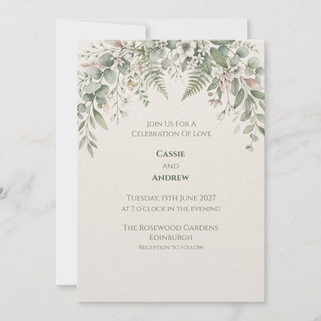 Convite de Casamento Botânico em Sage Suave (Frente)