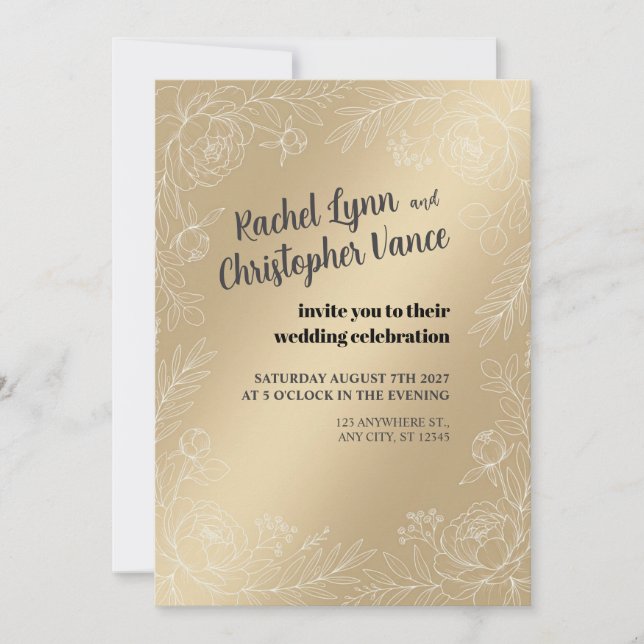 Convite de Casamento Botânico em Seda Champagne (Frente)
