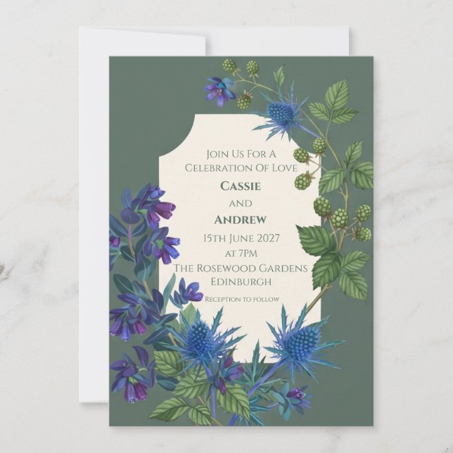Convite de Casamento Botânico Escocês Blue Thistle (Frente)