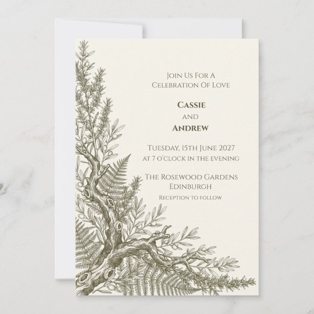 Convite de Casamento Botânico Feto de Oliveira (Frente)
