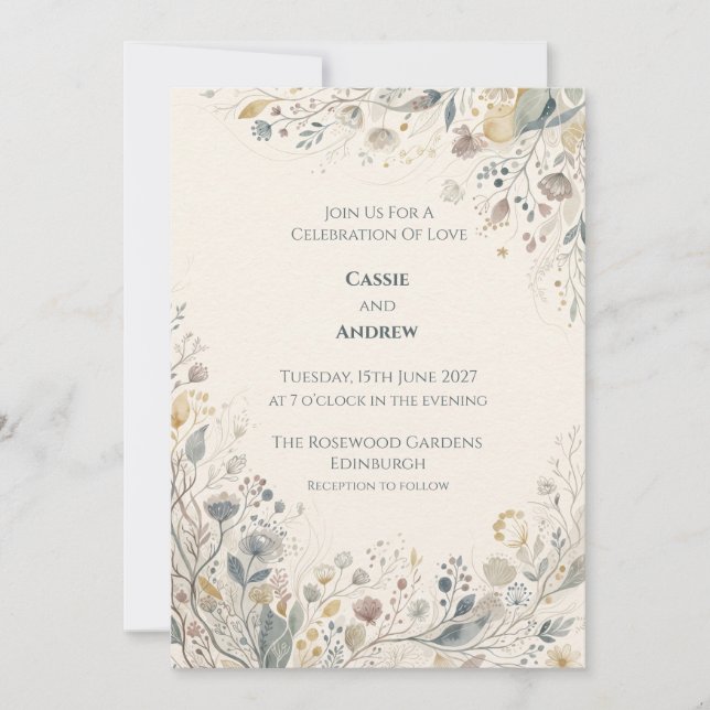 Convite de Casamento Botânico Floral Azul (Frente)