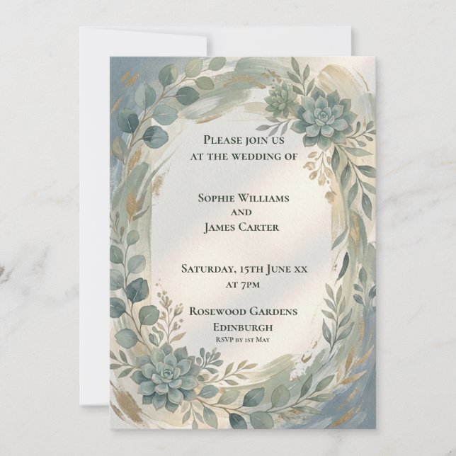 Convite de Casamento Botânico Floral Azul (Frente)