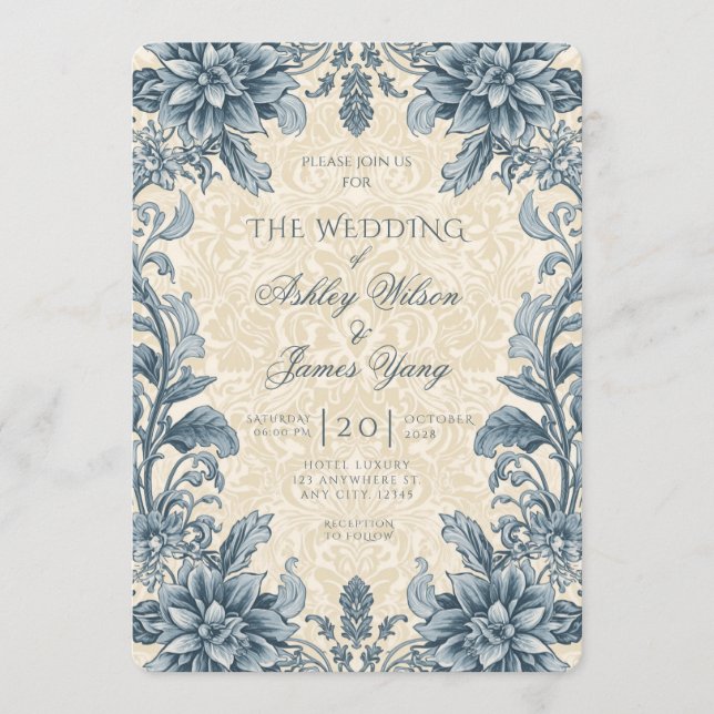 Convite de Casamento Botânico Floral Azul Elegante (Frente)