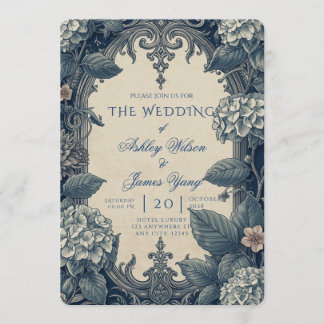 Convite de Casamento Botânico Floral Azul Elegante