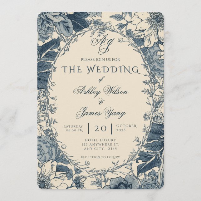 Convite de Casamento Botânico Floral Azul Elegante (Frente)