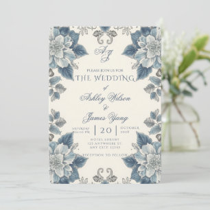 Convite de Casamento Botânico Floral Azul Elegante