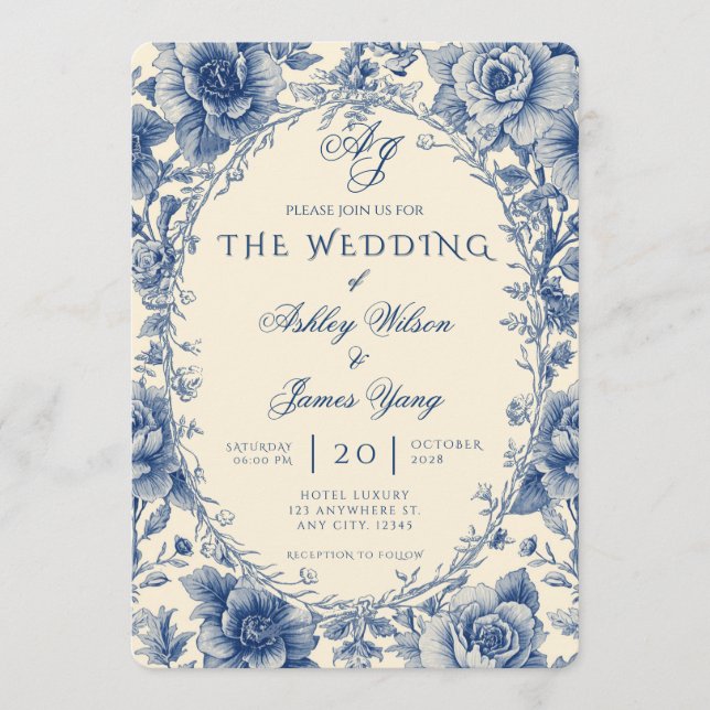Convite de Casamento Botânico Floral Azul Elegante (Frente)