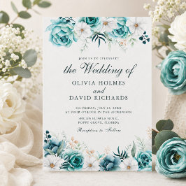 Convite de Casamento Botânico Floral Azul Turquesa