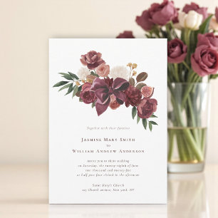 Convite de Casamento Botânico Floral Burgundy Eleg