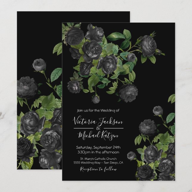 Convite De Casamento Botânico Floral Preto Elegant (Frente/Verso)