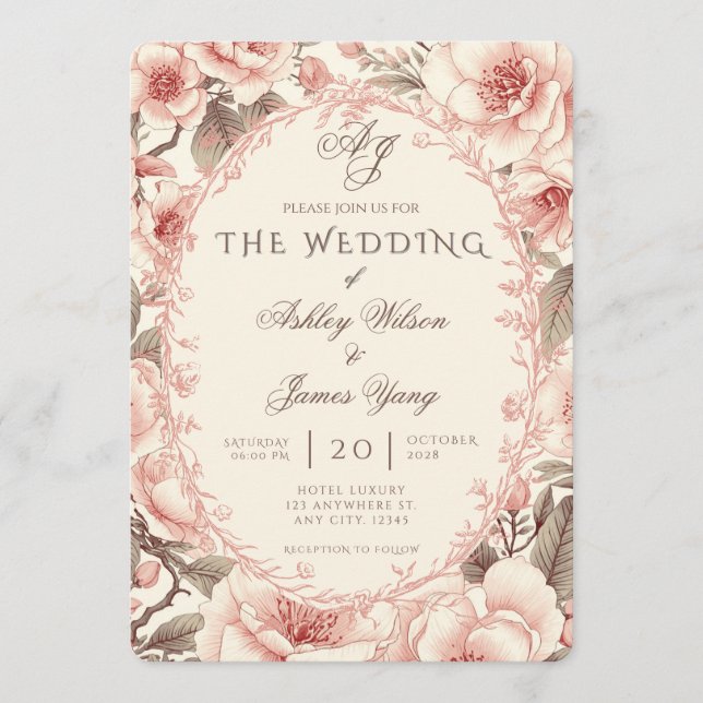 Convite de Casamento Botânico Floral Rosa Elegante (Frente)