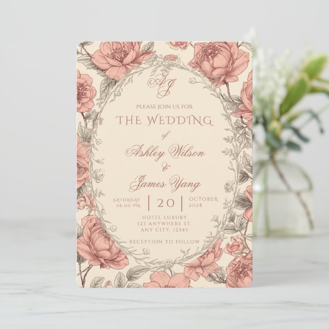Convite de Casamento Botânico Floral Rosa Elegante (Em pé/Frente)