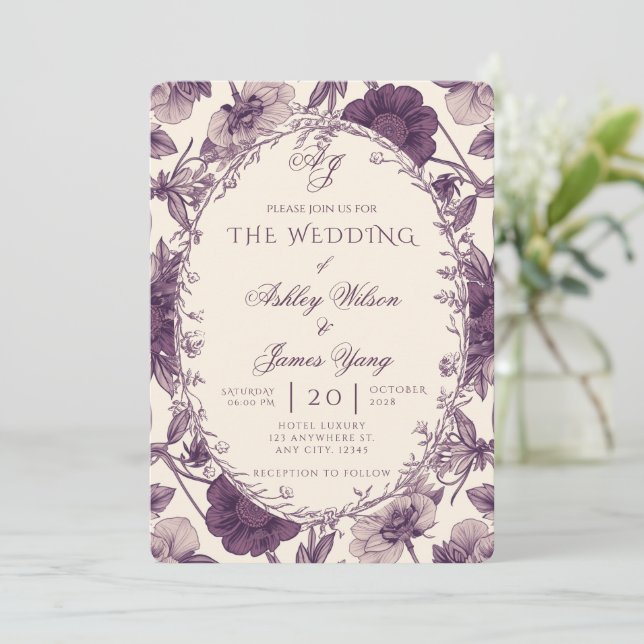 Convite de Casamento Botânico Floral Roxo Elegante (Em pé/Frente)