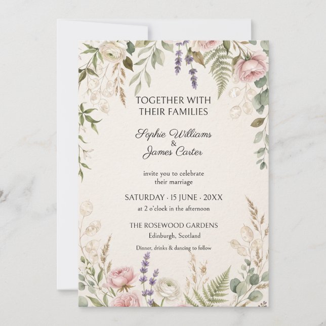 Convite de Casamento Botânico Lavanda Rosada (Frente)