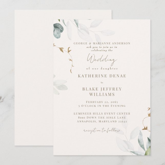 Convite de Casamento Botânico Light Champagne II (Frente/Verso)