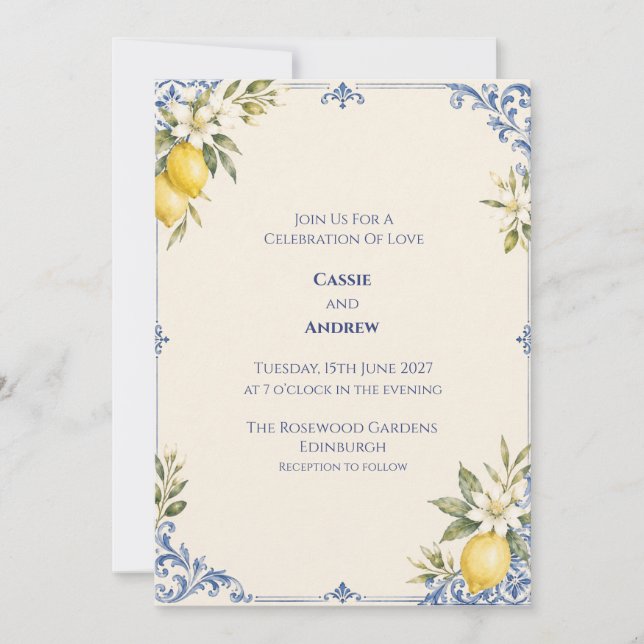 Convite de Casamento Botânico Limão Azul (Frente)