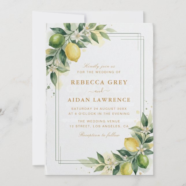 Convite de Casamento Botânico Limão Verde Aquarela (Frente)