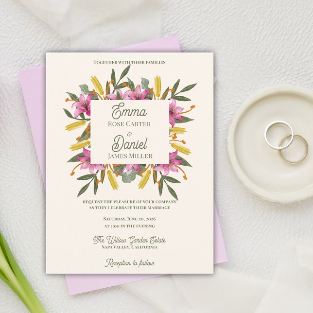 Convite de Casamento Botânico Lírio Rosa Corado (Blush Pink Lily Botanical Wedding Invitation )