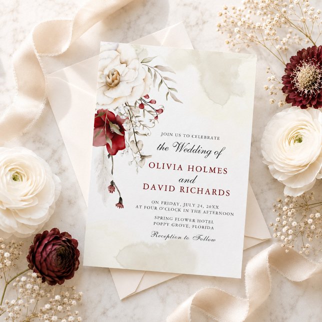 Convite de Casamento Botânico Marfim Borgonha (Burgundy Ivory Botanical Wedding Invitation)