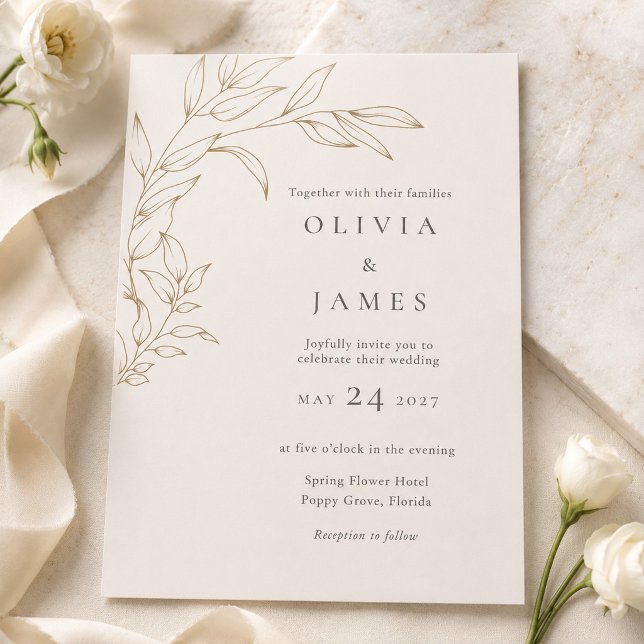 Convite de Casamento Botânico Marfim e Dourado Ant (Ivory & Antique Gold Botanical Wedding Invitation on an elegant table with flowers)