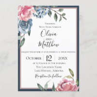 Convite De Casamento Botânico Mauve Azul-marinho